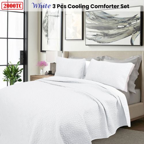 2000TC White Cooling Embroidered 3 Pcs Comforter Set by Shangri La
