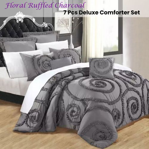 Floral Ruffled Charcoal 7 Pcs Deluxe Comforter Set by Ramesses