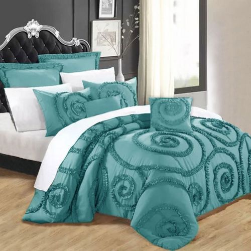 Floral Ruffled Teal 7 Pcs Deluxe Comforter Set by Ramesses