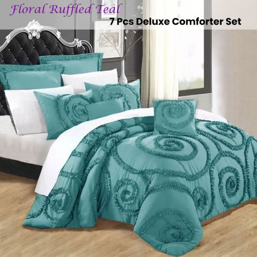 Floral Ruffled Teal 7 Pcs Deluxe Comforter Set by Ramesses