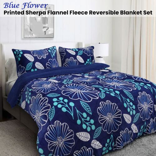 Blue Flower Printed Sherpa Flannel Fleece Reversible Blanket Set by Ramesses