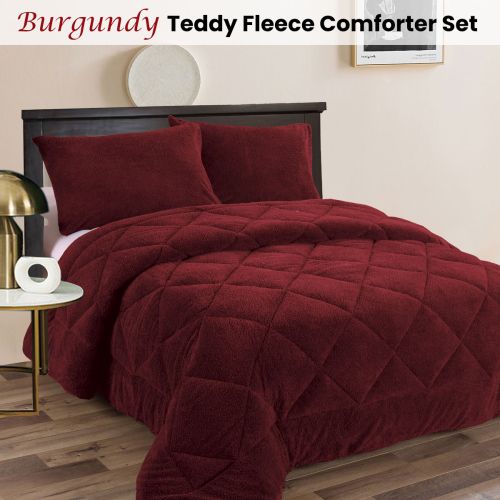 Teddy Fleece 3 Pcs Comforter Set Burgundy by Ramesses