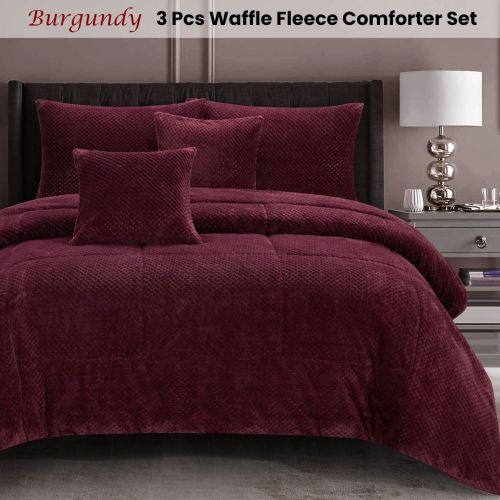 Waffle Fleece Burgundy 3 Pcs Warm Cozy Comforter Set by Ramesses