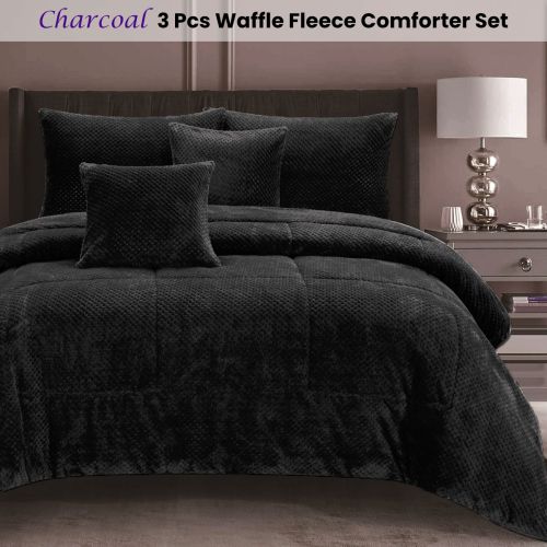 Waffle Fleece Charcoal 3 Pcs Warm Cozy Comforter Set by Ramesses