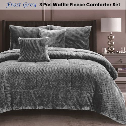 Waffle Fleece Frost Grey 3 Pcs Warm Cozy Comforter Set by Ramesses