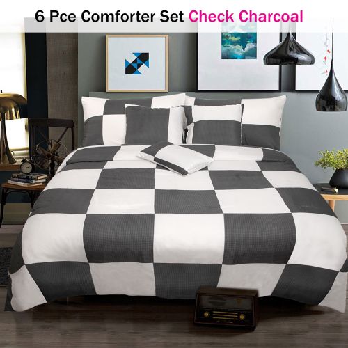 6 Piece Comforter Set Check Charcoal by Shangri La