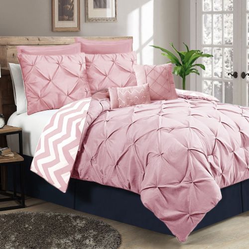 7 Piece Pinch Pleat Comforter Set Rose Pink by Ramesses