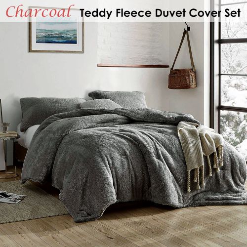 Charcoal Teddy Fleece Duvet Cover Set Queen by Shangri La