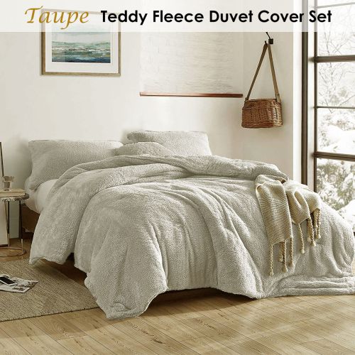Taupe Teddy Fleece Duvet Cover Set Queen by Shangri La