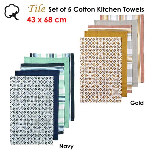 Tile Set of 5 Cotton Kitchen Towels 43 x 68 cm by Ladelle
