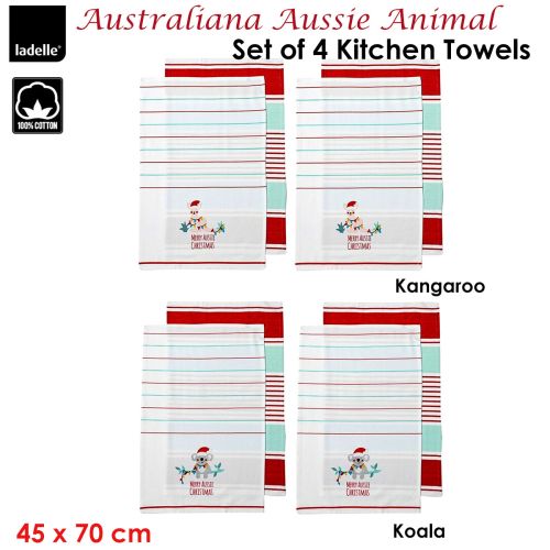 Australiana Aussie Animal Christmas Set of 4 Cotton Kitchen Towels 45 x 70 cm by Ladelle