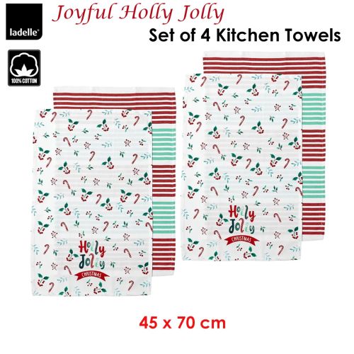 Joyful Holly Jolly Christmas Set of 4 Cotton Kitchen Towels 45 x 70 cm by Ladelle