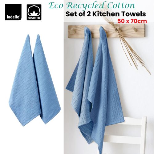 Eco Recycled Cotton Set of 2 Cotton Kitchen Towels Blue 50 x 70 cm by Ladelle