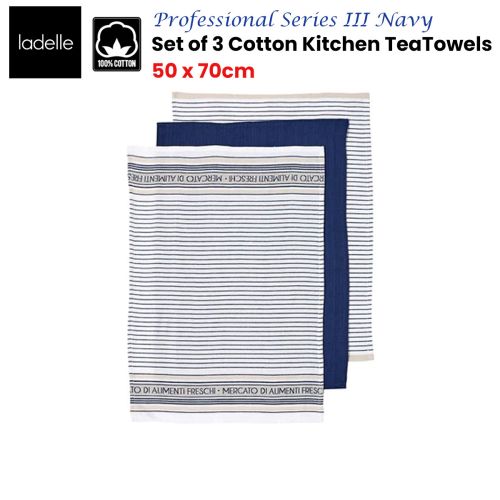 Set of 3 Professional Series III Cotton Kitchen Tea Towels Navy 50 x 70 cm by Ladelle