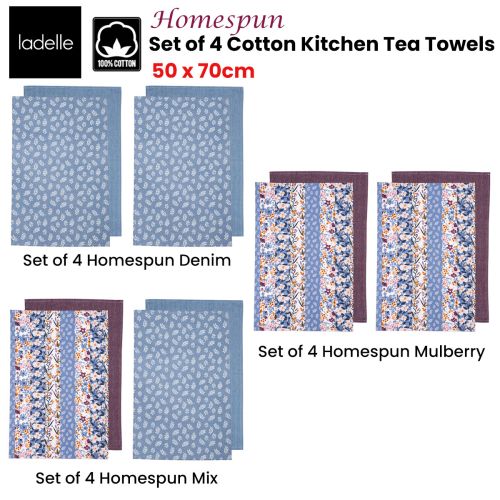 Set of 4 Homespun Cotton Kitchen Tea Towels 50 x 70 cm by Ladelle