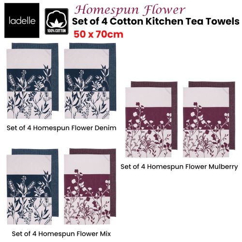 Set of 4 Homespun Flower Cotton Kitchen Tea Towels 50 x 70 cm by Ladelle