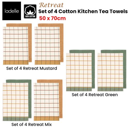 Set of 4 Retreat Cotton Kitchen Tea Towels 50 x 70 cm by Ladelle