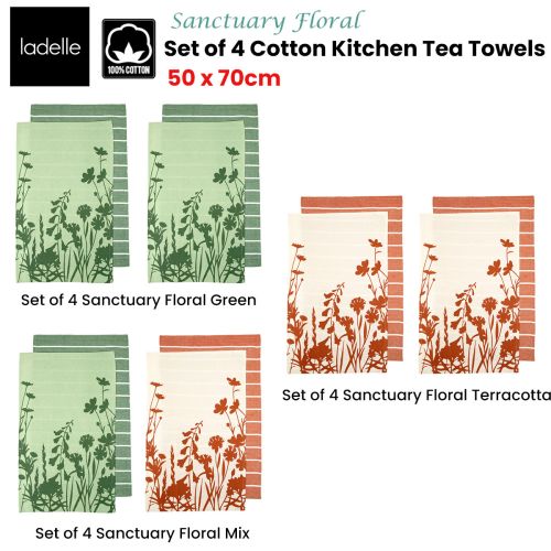Set of 4 Sanctuary Floral Cotton Kitchen Tea Towels 50 x 70 cm by Ladelle