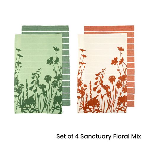 Set of 4 Sanctuary Floral Cotton Kitchen Tea Towels 50 x 70 cm by Ladelle