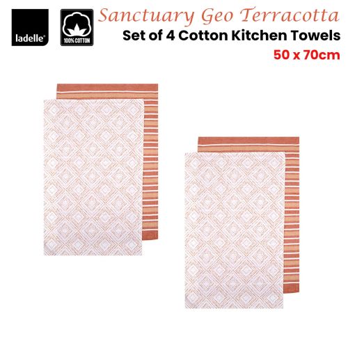 Sanctuary Geo Terracotta Set of 4 Cotton Kitchen Towels 45 x 70 cm by Ladelle