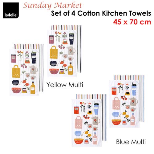 Sunday Market Set of 4 Cotton Kitchen Towels 45 x 70 cm by Ladelle