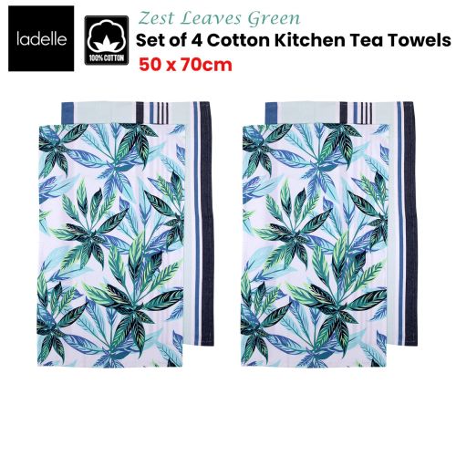 Set of 4 Zest Leaves Green Cotton Kitchen Tea Towels 50 x 70 cm by Ladelle