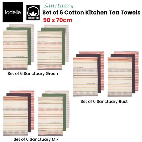 Set of 6 Sanctuary Cotton Kitchen Tea Towels 50 x 70 cm by Ladelle