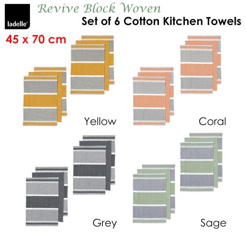 Revive Block Woven Set of 6 Cotton Kitchen Towels 45 x 70 cm by Ladelle