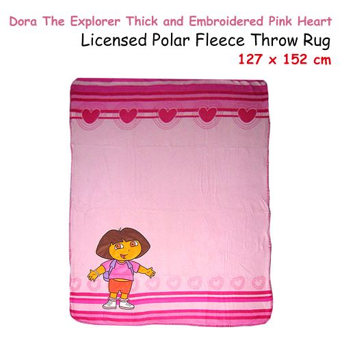 Licensed Kids Cartoon Polar Fleece Throw Rug Dora Explorer Thick and Embroidered Pink Heart 127 x 152 cm by Caprice