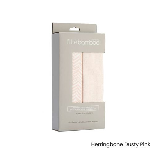 Set of 2 Little Bamboo Jersey Fitted Sheet Bassinet Size Herringbone Dusty Pink