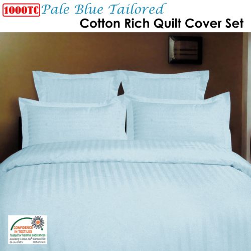 1000TC Self Striped Cotton Rich Tailored Quilt Cover Set Pale Blue Double