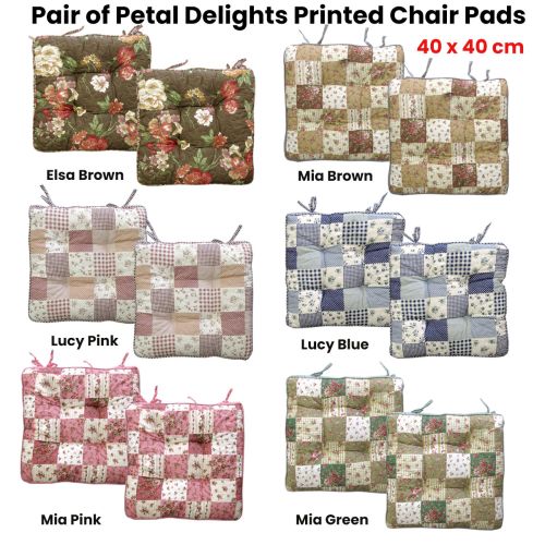 Petal Delights Set of 2 Printed Chair Pads with Ties 40 x 40 cm