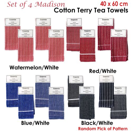 Madison Set of 4 Checkered Cotton Terry Tea Towels 40 x 60 cm