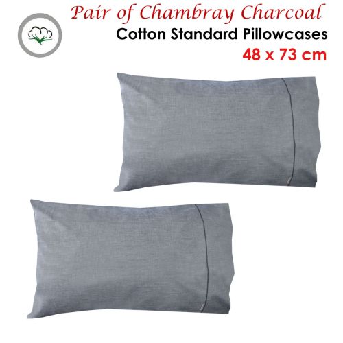 Pair of Chambray Charcoal Cotton Standard Pillowcases 48 x 73 cm