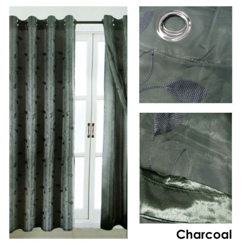 Pair of Double Layered Leaf Embroidered Eyelet Curtains 140 x 225 cm