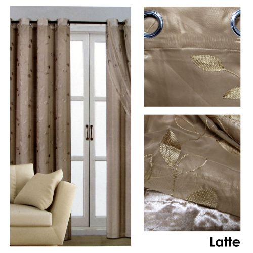 Pair of Double Layered Leaf Embroidered Eyelet Curtains 140 x 225 cm