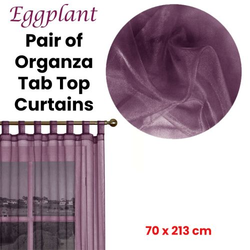 Pair of Organza Tab Top Curtains Eggplant (Also known as Chocolate) 70 x 213 cm