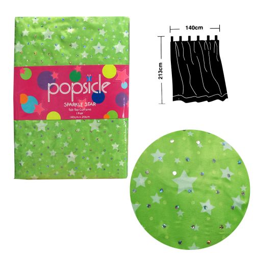 Pair of Organza Sequined Tab Top Curtains Sparkle Star Lime Green 140 x 213 cm