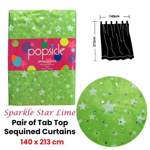 Pair of Organza Sequined Tab Top Curtains Sparkle Star Lime Green 140 x 213 cm