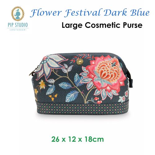 Flower Festival Dark Blue Large Cosmetic Purse by PIP Studio