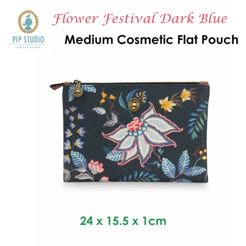 Flower Festival Dark Blue Medium Cosmetic Flat Pouch by PIP Studio