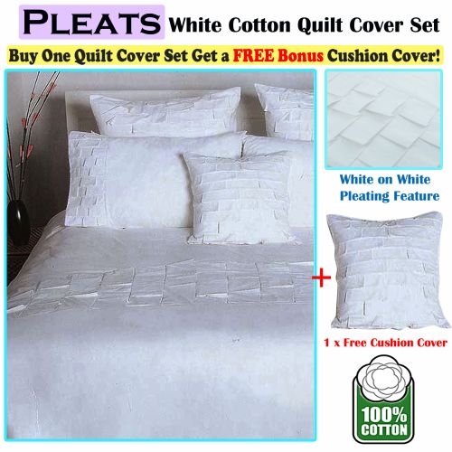 Pleats White Cotton Quilt Cover Set + 1 Free Bonus Cushion Cover by Accessorize