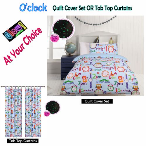 Glow In The Dark O'clock Quilt Cover Set or Tab Top Curtains by Happy Kids