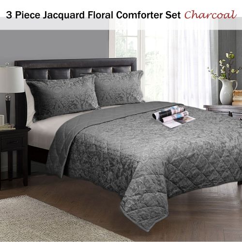 3 Piece Jacquard Floral Comforter Set Charcoal by Ramesses