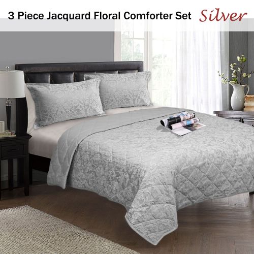 3 Piece Jacquard Floral Comforter Set Silver by Ramesses