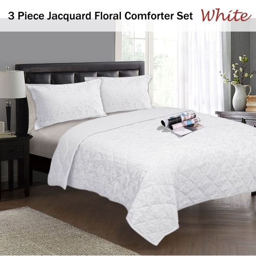 3 Piece Jacquard Floral Comforter Set White by Ramesses