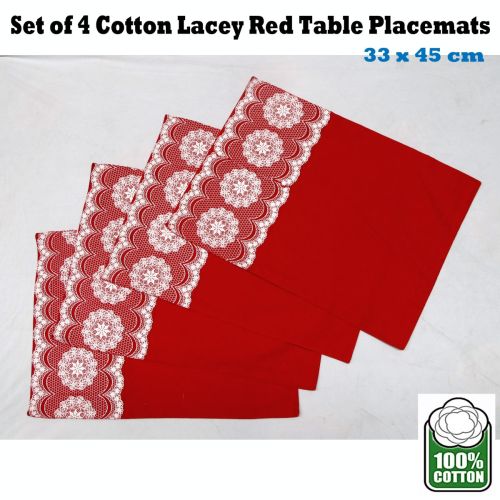 Set of 4 Cotton Lacey Red Table Placemats 33 x 45 cm by Rapee