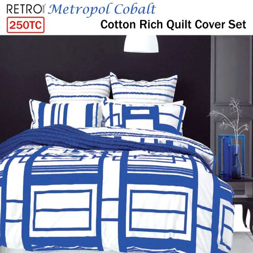 250TC Cotton Rich Metropol Cobalt Quilt Cover Set Queen by Retro Home