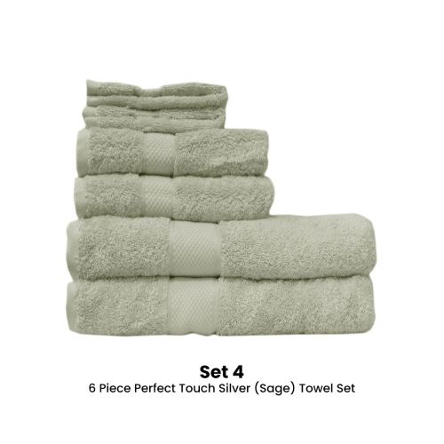 6 Piece Quality Soft 100% Cotton Perfect Touch Silver (Sage) Towel Set