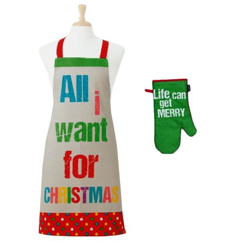 Set of 2 All I want Christmas Oven Mitt & Apron Kitchen Set by Ladelle